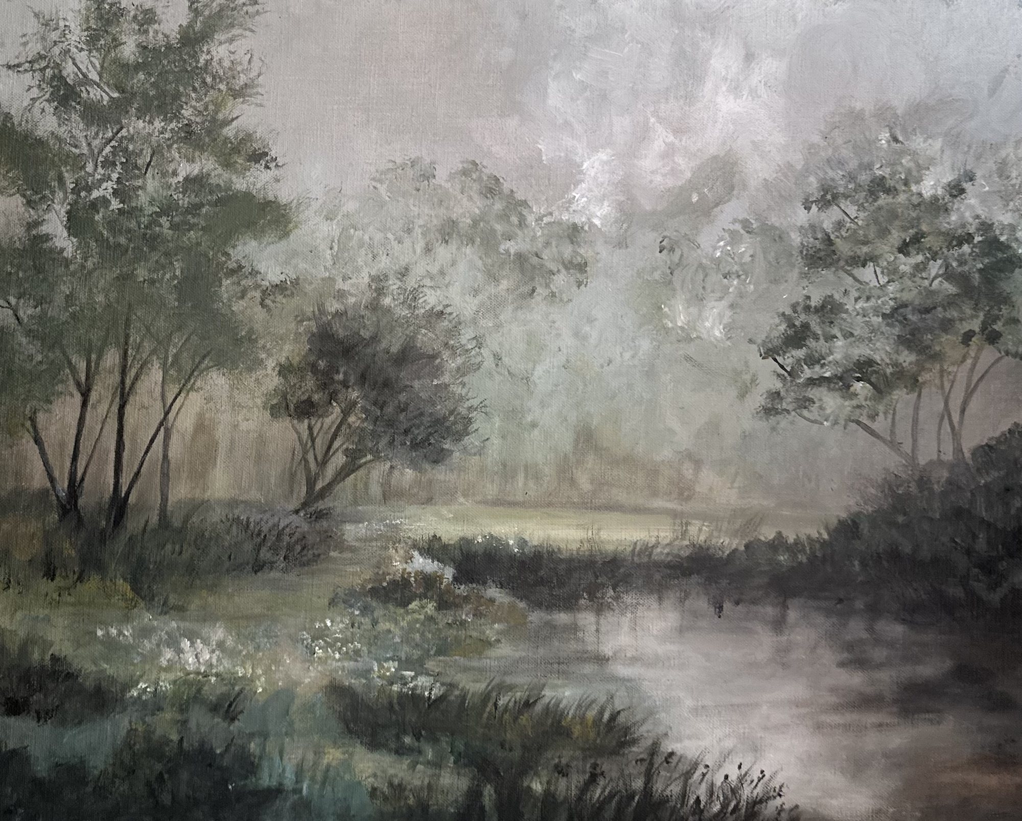 Between Dreams — a misty marsh with pale water and grey-green trees