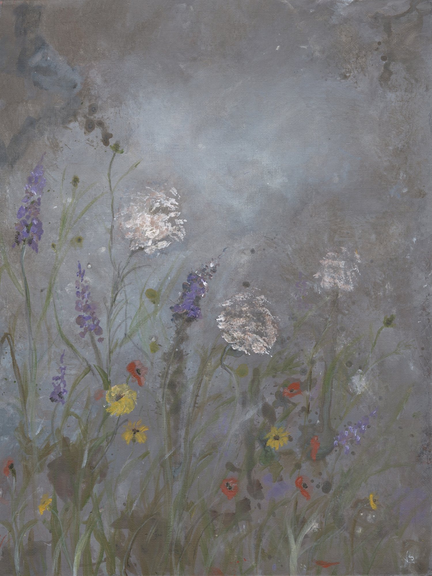 Wildflowers — purple spikes and white umbels rising through a soft grey field