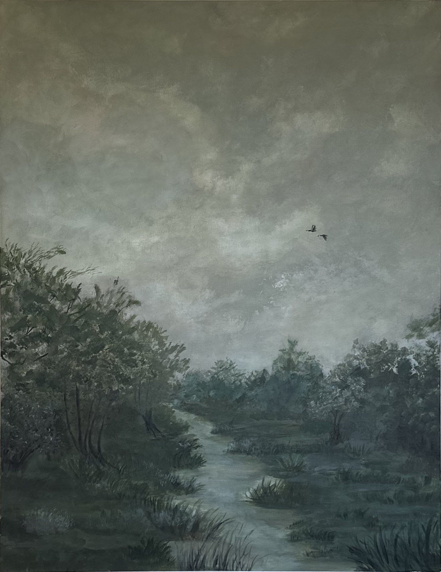 Once — a misty green-grey landscape of trees along a slow stream