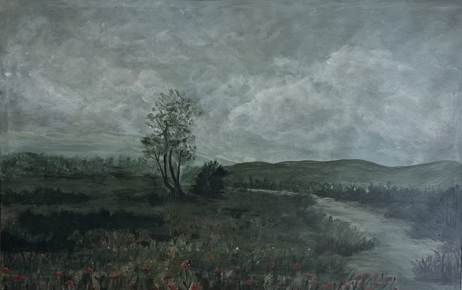 Somewhere I Know — a lone tree beside a river running through open hills
